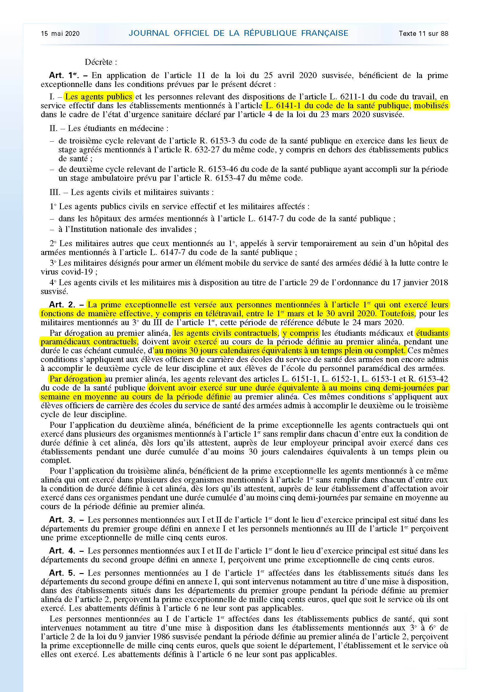 Décret No 2020 568 Du 14 Mai 2020 Relatif Au Versement Dune Prime Exceptionnelle Dans Le 